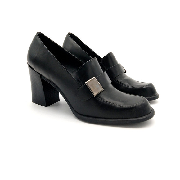 Vintage Y2K Hillard & Hanson Heeled Oxfords Size 7.5 Black Leather Chunky Heel - Picture 1 of 6